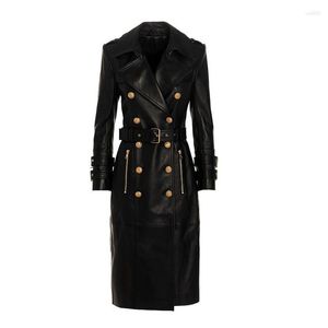 Women's Trench Coats Women Est 2023 Fall Winter Designer Double Breasted Lion Buttons Synthetic Leather Long OverCoat Outfits