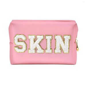 Cosmetic Bags Chenille Letter Preppy Patch Makeup Bag Pouch Waterproof Zipper Skincare Toiletry Travel Organizer For Women Teen Girls