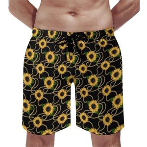 Shorts masculinos Cadeia de ouro Sunflower Board de verão de girassóis amarelos da praia casual calça curta navegando em troncos personalizados rápidos seco