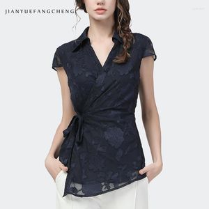 Bluzki damskie szyfon Jacquard koszula damskie letnie topy z krótkim rękawem w dekolcie skrzyżowane koronkowe eleganckie eleganckie szczupłe panie biurowe