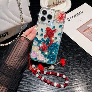 Luxury 3D Koi Bling Diamond Cases For Iphone 15 Pro Max 14 Plus 13 12 11 X XR XS 8 7 Carp Fish Flower Fashion Shinny Rhinestone Pearl Hard PC Acrylic TPU Cute Cover Strap