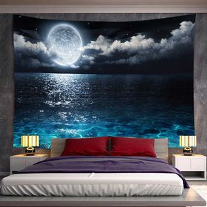 Tapisserier Sea Moon Tapestry för sovrum vardagsrummet bakgrund hängande väggduk naturligt landskap blå sjö vägg tapestry rom dekor