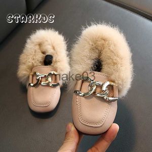 Sneakers Girls Brand Design Furry Loafers Barn Varma plyschskor Barn Luxury Real Rabbit Pälsmulor med metallkedja och Elastic Band J230818