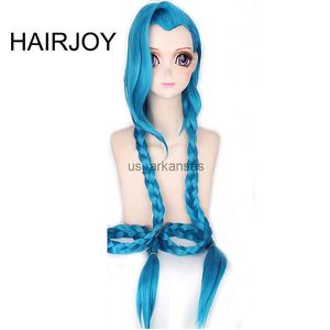 شعر مستعار اصطناعي Hairjoy Cosplay LOL Jinx 100 سم زرقاء طويلة مع ضفائر مزدوجة هالوين الأنيمي الأنيمي