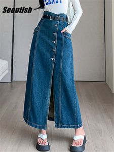 Kjolar seoulish hög midja enstaka bröstkvinnor denim aline länge med bältet oregelbundna jeans cowboy kvinnlig 230817