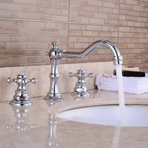 Bathroom Sink Faucets European-Style Antique Three-Hole Faucet Copper And Cold 8-Inch Chrome-Plated American Basin Rotating