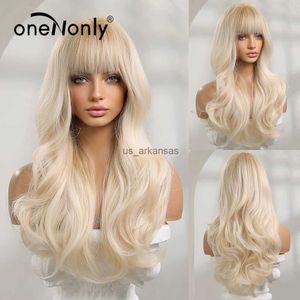 Synthetic Wigs oneNonly Synthetic Wigs for Women Blonde Wig with Bangs Long Wave Natural Wig Hair Heat Resistant Fiber HKD230818