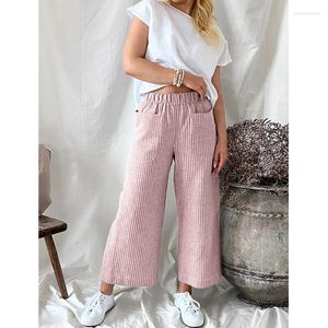 Calça feminina s-2xl roupas de verão na cintura elástica as calças de perna larga algodão de algodão