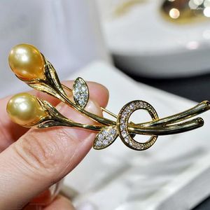 Brooches MeibaPJ 8-9mm Natural Golden Rice Pearl Flower Corsage Brooch Fashion Sweater Jewelry For Women Empty Tray
