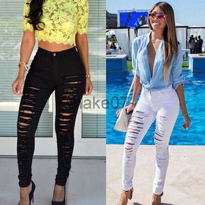 Jeans femininos calças de lápis modernas rasgadas jeans brancos Slim Fit High Streetwear Troushers Fashion Fashion High Stretch Jeans New J230818