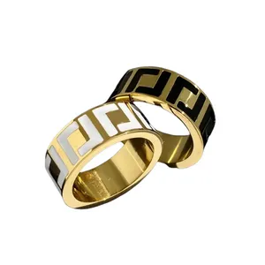 Designer Rings Extravagant Enamel Hollow Golden Silver Rose Stainless Steel Letter F Ring Black White Women Men Wedding Jewelry G2308178BF