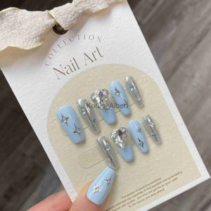 Falsche Nägel blau handgefertigt echte schwere Arbeit Spar Butterfly Complex Kubaner Rock Gips Kleber Manicura Handgetragener Nagelaufkleber x0818