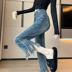 Jeans femininos azul outono y2k estilo 2023 cintura alta moda fina borla pequena calça de cigarro de nove pontos