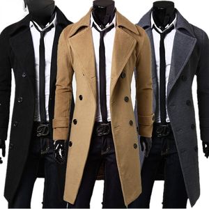 Jackets masculinos de inverno casual casaco masculino de comprimento britânico de comprimento britânico de caldo de peito sólido com calasto de trincheira macho de calas