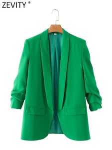 Kadın takım elbise blazers zevity kadınlar moda düz renkli çentik yakalı blazer ceket ofis bayan şık pileler üç çeyrek kol ct901 230817