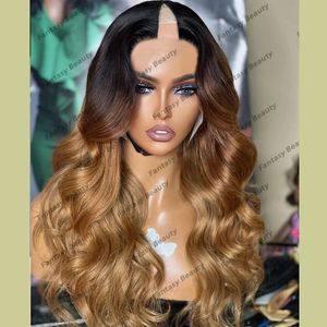 Ombre 3T Dark Roots Honey Blonde Body Wave 100% Human Hair 1x4 Middle V Part Wigs Easy Wear Glueless Long U Part Wigs 6Clips