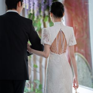 Etnik Giyim Beyaz Dantel Cheongsam Etek 2023 Bahar Işığı Lüks Küçük Gelin Nişan Düğün Açık geri Qipao Tost Dressclothing