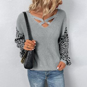Kadın Sweaters 2023 Kazak Rahat Renk Kontrast Leopar Baskı Örgü Sonbahar/Kış Şerit Fener Sleeve Sweater Kadınlar