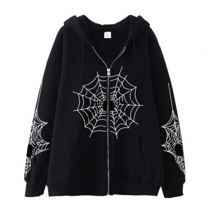 Kvinnor Hoodies Sweatshirts Autumn and Winter Spider Web Printing Zipper Women Sweater Street Hoodie Par Retro Casual Jacket Goth Clothes 230817