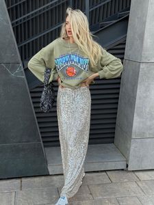 Kjolar hög midja paljett för kvinnor lång kjol smal delad mode elegant gata glitter maxi casual kvinnlig 230817