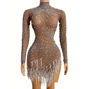 Basic Casual Dresses Rhinestones Pearls White Fringe High Neck Mesh Dress Bar Birthday Celebrate Women Dance Outfit Drop Delivery Dh3I9