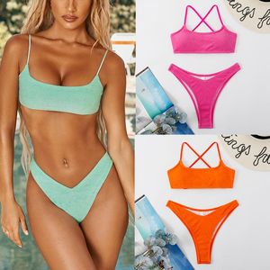 Women's Swimwear 022 Bikini Split Swimsuit High Waist Sexy Backless Fluorescent Candy-colored Solid Color