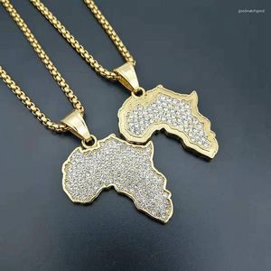 Anhänger Halsketten Hip Hop Rock Strass Gepflasterte Bling Iced Out Gold Farbe Edelstahl Afrika Karte Anhänger Für Männer Rapper schmuck