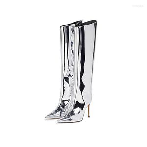 Stövlar Kvinnor Knee High Sexy Point Toe Stiletto Heel Boot Metallic Leather Zipper Booties Dress Shoes