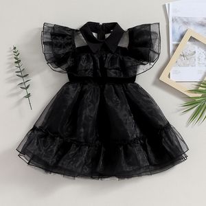 Cosplay Children Girls Halloween Costume Fashion Simple Black Flying Sleeve Wid Down Collar Mesh Princess Dress Casual Kids Clothes 230817