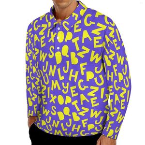 Męskie polo żółte literowe wydruku koszule polo zabawne czcionki swobodne koszula jesienne vintage strąg kołnierz długi rękaw