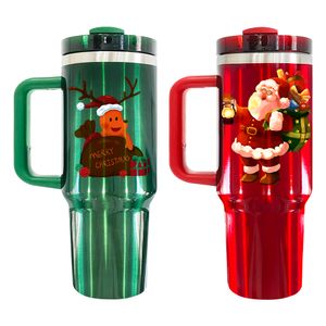 2023 beliebtester H2.0 Flowstate 40oz Weihnachtsgeschenk roter und grüner Sublimationsbecher im glänzenden Metallic-Look für individuelles Weihnachtsgeschenk mit Henkel und Strohhalm