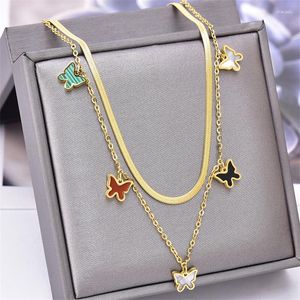 Pendant Necklaces Stainless Steel Butterfly Necklace For Women Gold Color Double-layer Chain Star Moon Shell Choker Jewelry Valentines Day