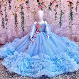 Sukienki dla dziewczynek luksusowa sukienka kwiatowa długie rękawy v szyja z ramion brokatowej suknia dziewczyna 3D kryształowa kulka formalna