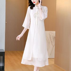 Casual Dresses 2023 Chinese Style White 3/4 Sleeve Dress Women's Summer Standing Neck Improved Qipao Loose Tight Banquet Vestidos