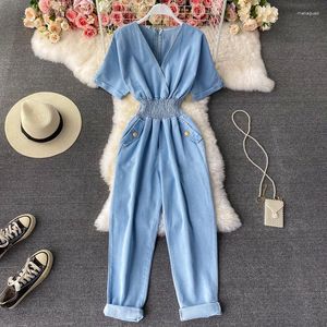 Women's Two Piece Pants V-neck Denim Jumpsuit For 2023 Summer Casual Work Suit Short Sleeved High Waisted Loose Fitting Slimming