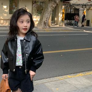 Coat 2023 Styles Girls PU Leather Full Sleeve Autumn Fashion Kids Jacket Clothing 2-8 Years