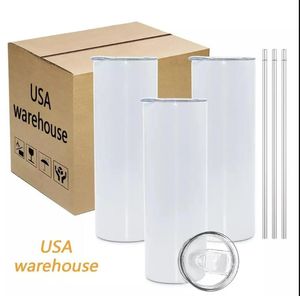 US CA Warehouse Sublimation Blanks tumblers 20oz من الفولاذ المقاوم للصدأ أكواب مستقيمة الأوب من الألبان البيضاء مع الأغطية وهدية نقل حرارة القش