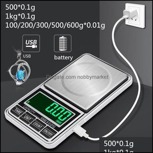 Skale 100/200/300/500 g/600 x 0,01G 500/1KGX0.1G Mini przenośna ładowarka USB Electronic Digital Pocket Jewelry Scale NCE Gram Lcd Drop otihe