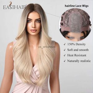 Synthetic Wigs EASIHAIR Blonde Hairline Lace Synthetic Wig Long Natural Wavy Middle Part Hair Wig with Dark Root for Women Daily Heat Resistant HKD230818