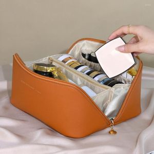 Storage Bags Waterproof Faux Leather Cosmetic Bag With Handle Travel Toiletry Pouch Large Capacity Multifunctional Makeup Organizer