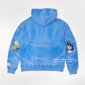 Herren Hoodies Sweatshirts Firmranch Top Qualität Sky Blue Tiedye Gallery Ziegenleder Patches für MännerDamen Kapuzenpullover Übergroßer Pullover 230817