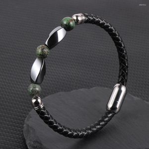 Charm Bracelets Men Women Stainless Steel Buckle Natural Stone Faced Hematite Turquoises Beads Genuine Leather Wristband Jewelry