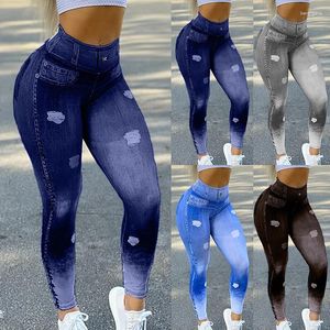 Women's Leggings 2023 High Waist Faux Denim Jean Slim Elastic Seamless Skinny Pencil Pant Female Workout Running Dropship