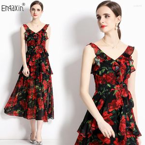 Casual Dresses EHQAXIN 2023 Summer Women's Dress Fashion Elegant Sweet Print Lace-Up Large Open Back Temperament Ruffle Edge Long S-2XL