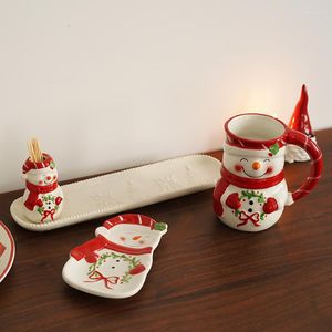 Mugs Santa Claus Underglaze Painted Ceramic Toothpick Barrel Snack Plate Mug Table Article Cartoon Printing Cute Snowman Shape