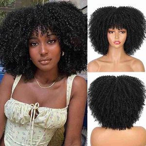 Synthetic Wigs Afro Kinky Curly Wig High Puff Natural Hair Wig With Bangs Machine Made Short Synthetic Wigs Thick Glueless for Balck Women HKD230818