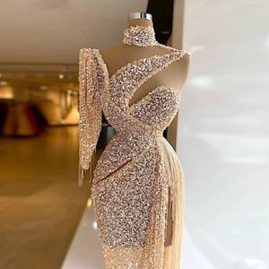 Glitter Sequined Prom Dresses Side Split Tea Length Arabic Evening Gowns One Shoulder Tassel Celebrity Party Dresses Custom Made