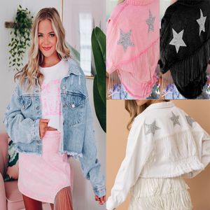 Kvinnorjackor Fashion Denim Jacket Kvinnor Tassels Diamond Fempointed Star Casual Fringed Jean Streetwear Style 230817