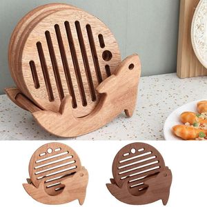 Table Mats 6pcs Wooden Coasters Set Drinking Glass Solid Wood Round Mat Heat Insulation Pad With Stand Home Decor Accessory