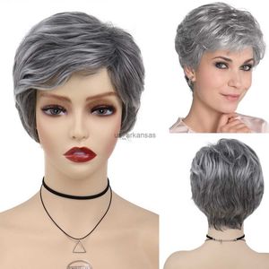 Synthetic Wigs GNIMEGIL Synthetic Natural Mommy Wig with Bangs Grey Short Wigs for Women Older Lady Hairstyle Halloween Costume Wigs for Mother HKD230818